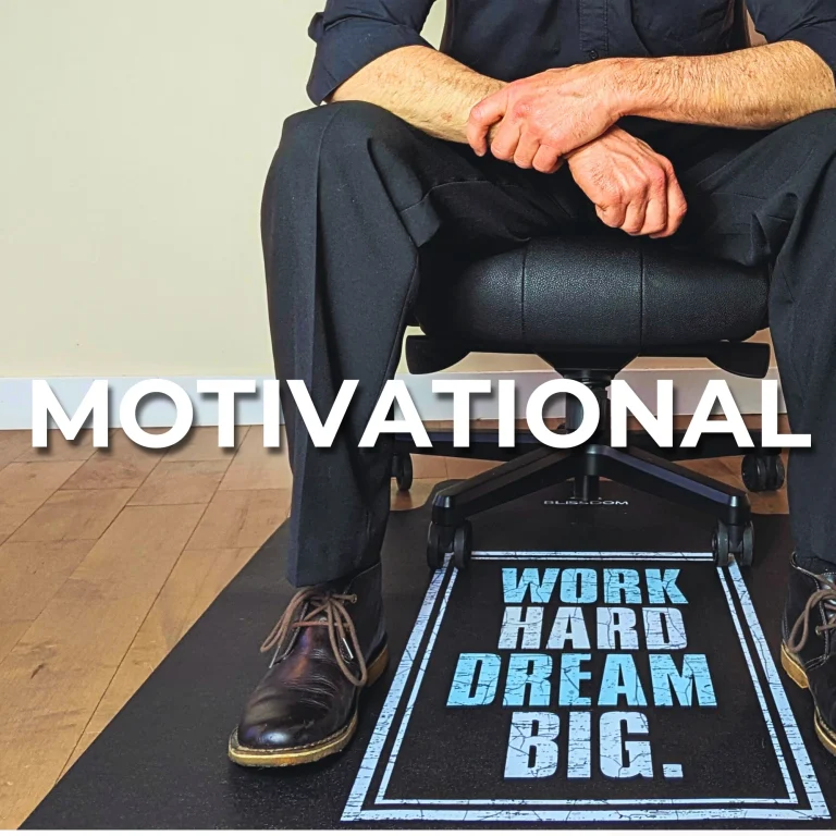 A rolling chair floor mat with beautiful motivational graphics.