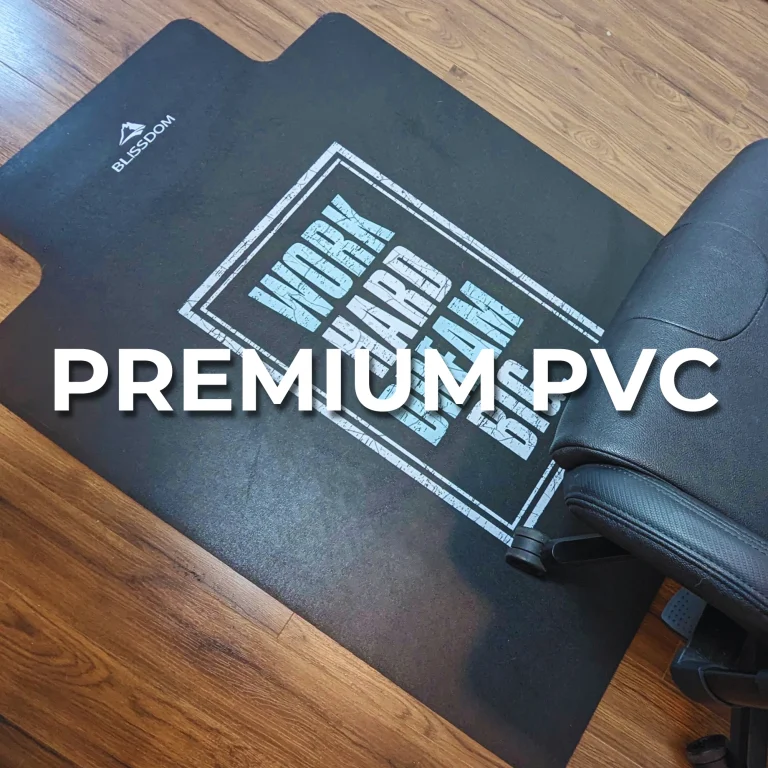 A Premium PVC rolling chair floor mat with a motivational graphic print.