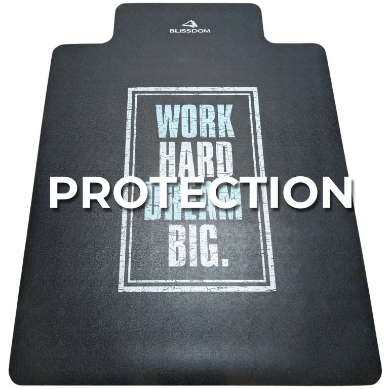 A High protection rolling chair floor mat with a motivational colored graphic print.